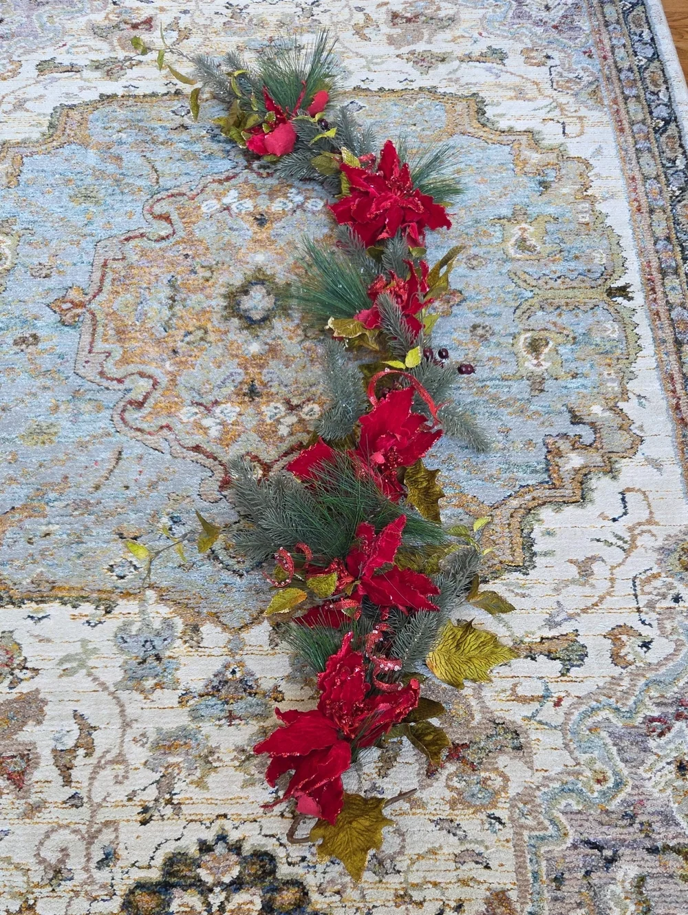 Hobby Lobby Red Poinsettia and Green Pine Holiday Garland with Gold Leaves